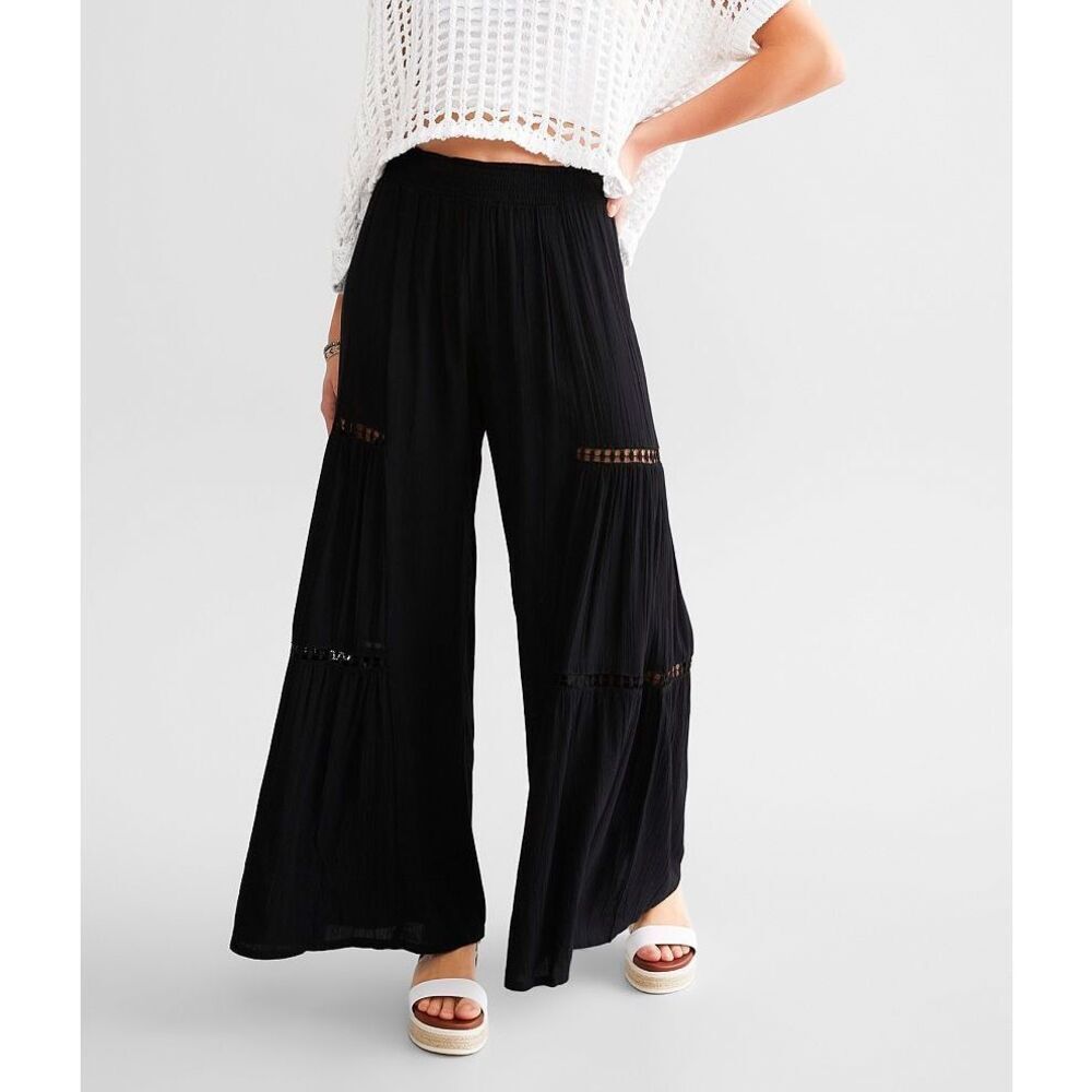 Angie Black Wide Leg Crochet-Trim Pants